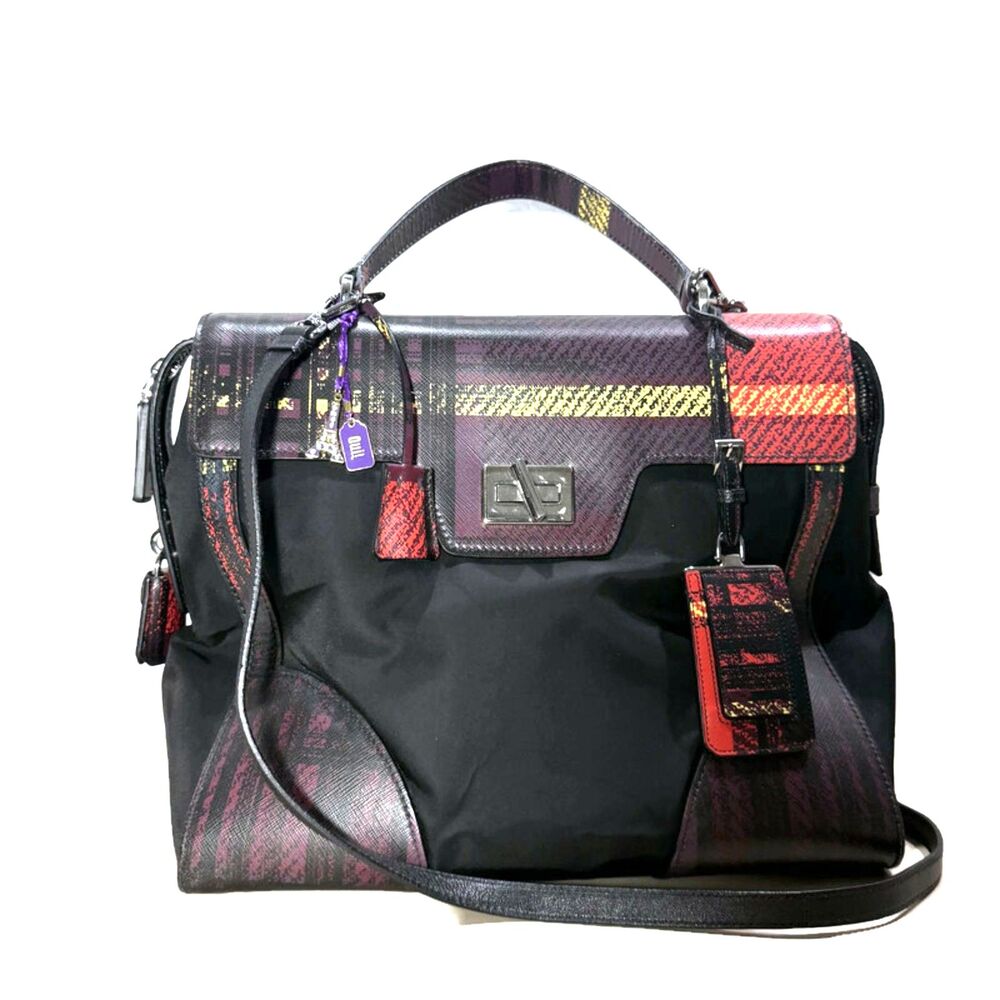 Prada Tessuto Nylon Saffiano Tartan Print Satchel - Red/Purple